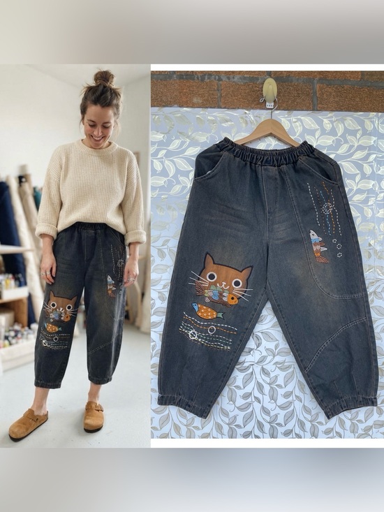Denim - Bohemian Cat Fish Embroidery Linen Jogger Pants Antique Brown Small S